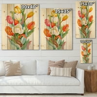Designart' floare de lalele portocalii și albe înflorite ' imprimeu tradițional pe lemn Natural de pin
