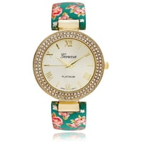 Femei stras Accent florale manșetă moda ceas, aur turcoaz