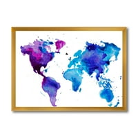 Designart 'harta albastră și violetă a lumii' imprimare modernă de artă încadrată
