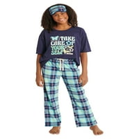 Set de pijama cu mânecă scurtă și pantaloni lungi Justice Girls cu mască de somn, Set din 2 piese, Dimensiuni 5 și Plus