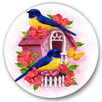 Designart 'două păsări galbene și albastre care stau lângă cuib' artă tradițională de perete din metal cerc-Disc de 36